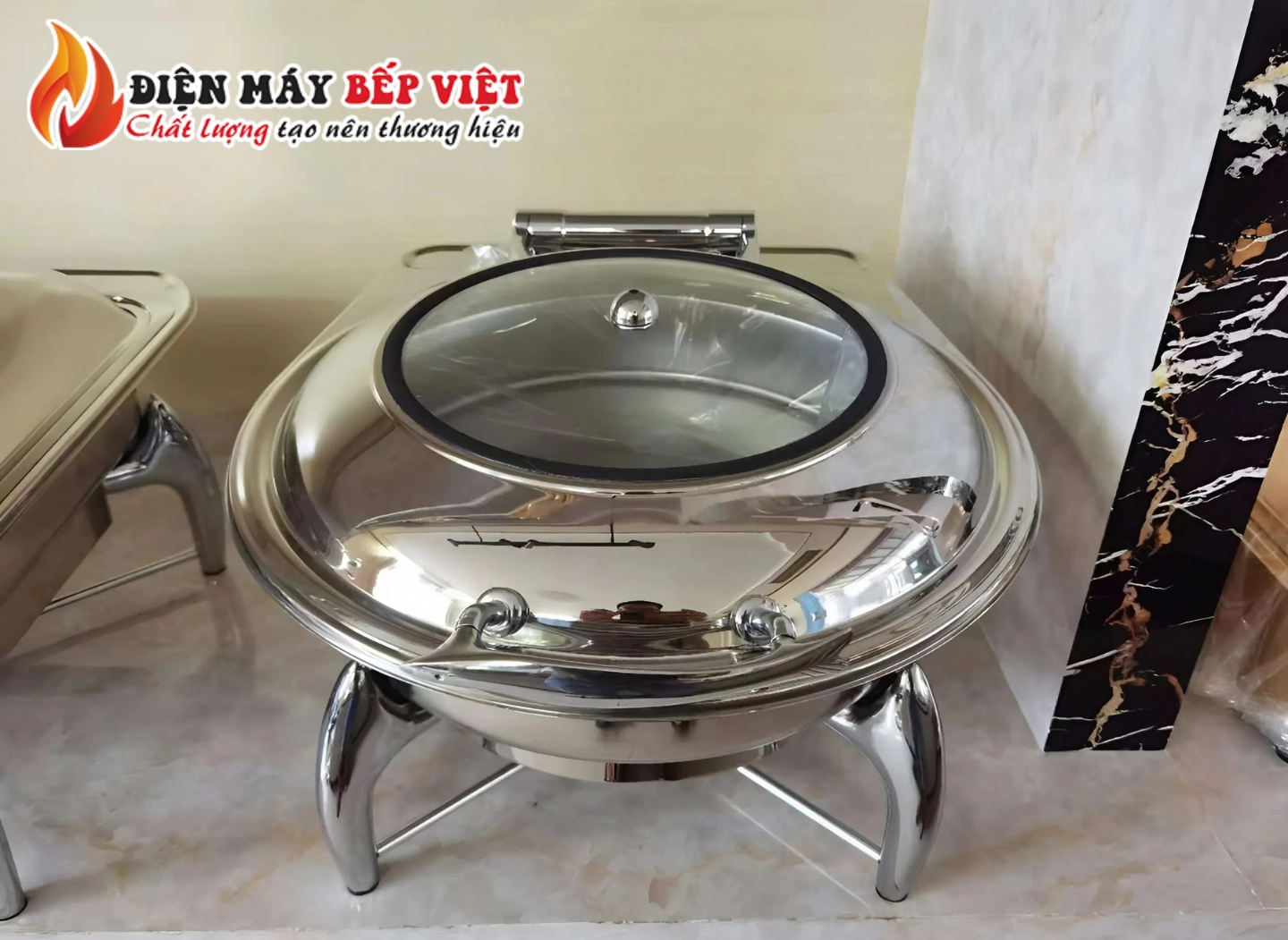 Nồi Hâm Nóng Buffet Tròn Inox Chân Kiềng Mặt Kiếng