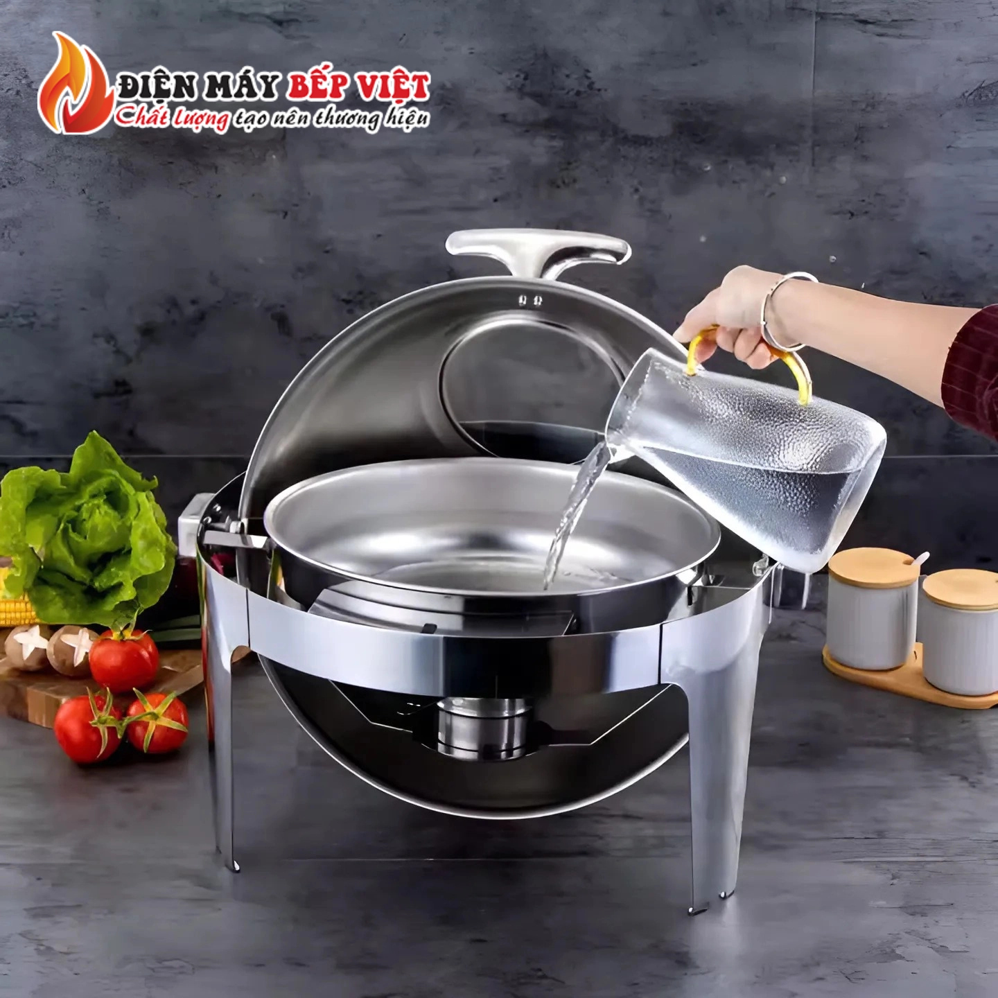 Nồi Hâm Nóng Buffet Tròn Inox Có Chân Nắp Kính