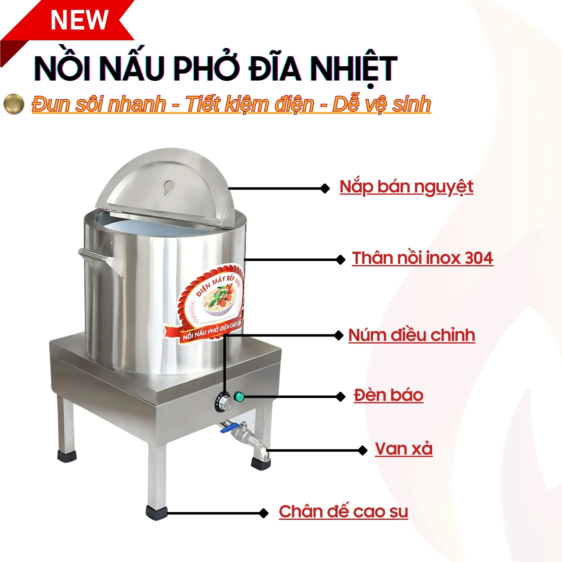 Cấu tạo của nồi nấu phở đĩa nhiệt 40L cao cấp