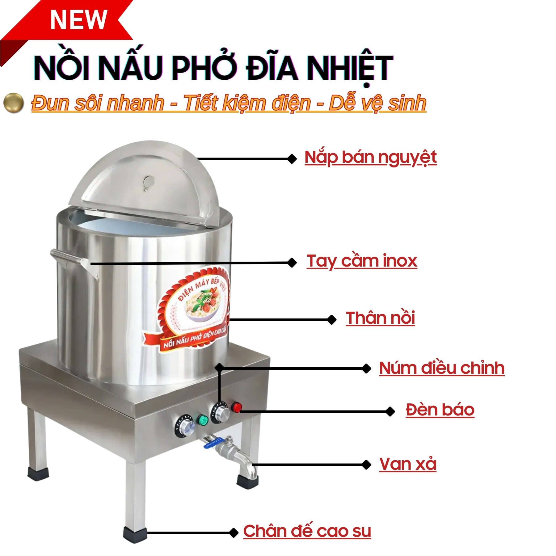 Cấu tạo và chất liệu nồi nấu phở đĩa nhiệt 80L