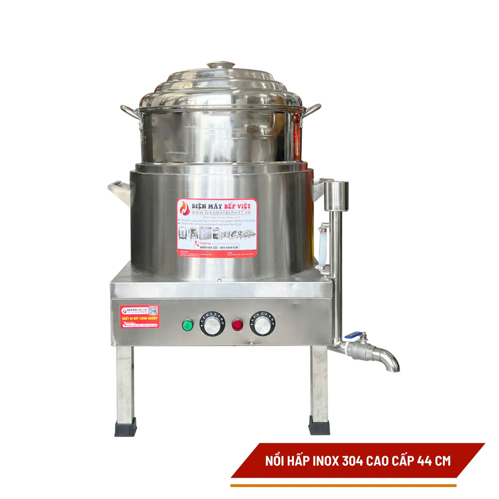 Chủ nhà hàng, quán ăn nên chọn nồi hấp điện công nghiệp công nghiệp bằng inox 304, có dung tích lớn từ 40L trở lên và nhiều tầng