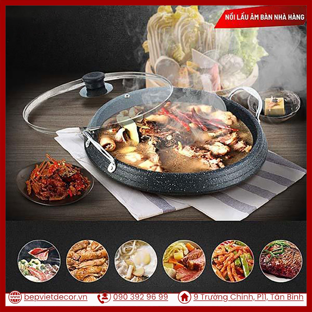 Nồi lẩu cạn Hàn Quốc gang cao cấp, bề mặt đen bóng chống dính và giữ nhiệt vượt trội