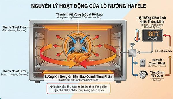 Nguyên lý hoạt động lò nướng đối lưu giúp luân chuyển khí nóng đều khắp khoang lò